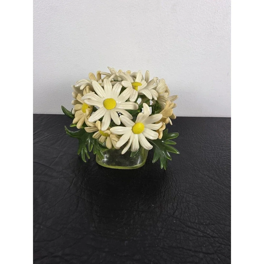 Vtg Acrylic Lucite Vase & Wire White Daisies With Yellow Center MCM 4”